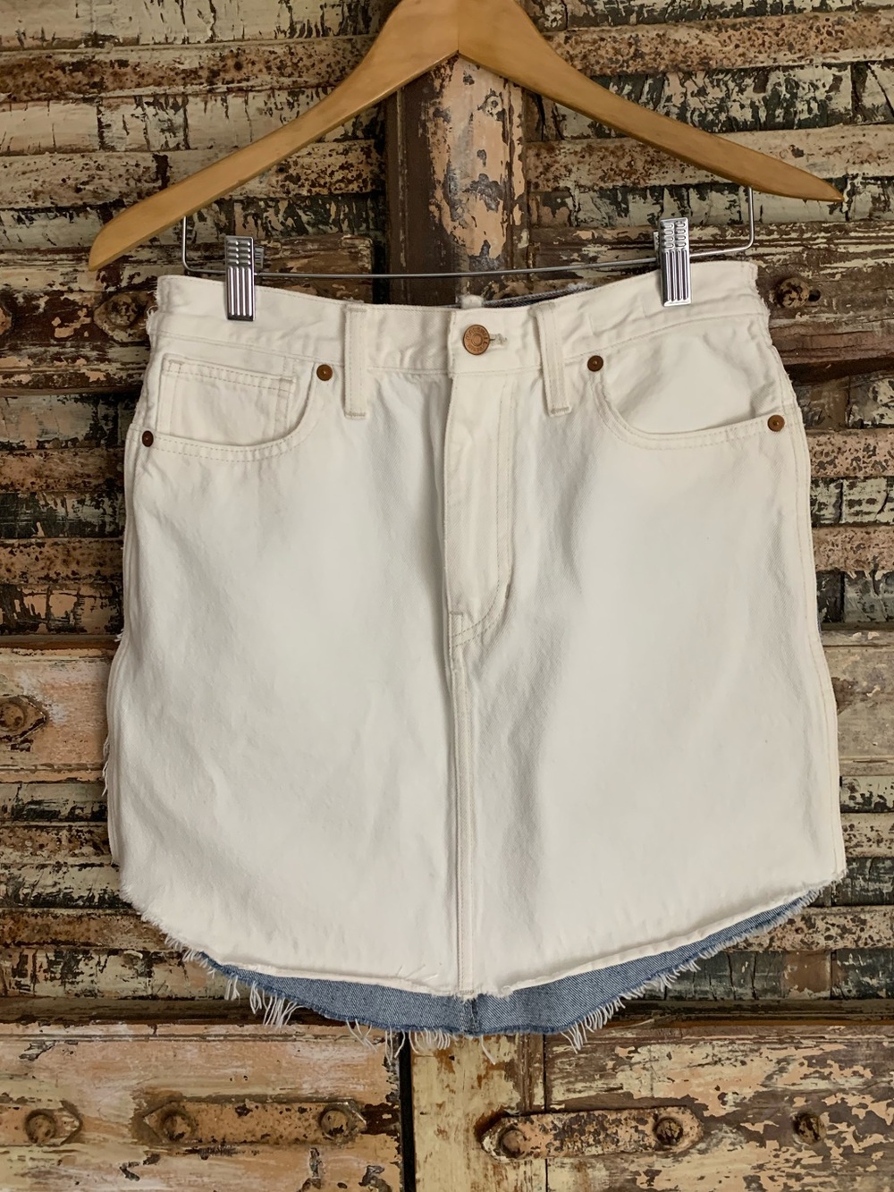 Madewell Upcycled Two Tone Denim Mini Skirt Raw Hem Size M